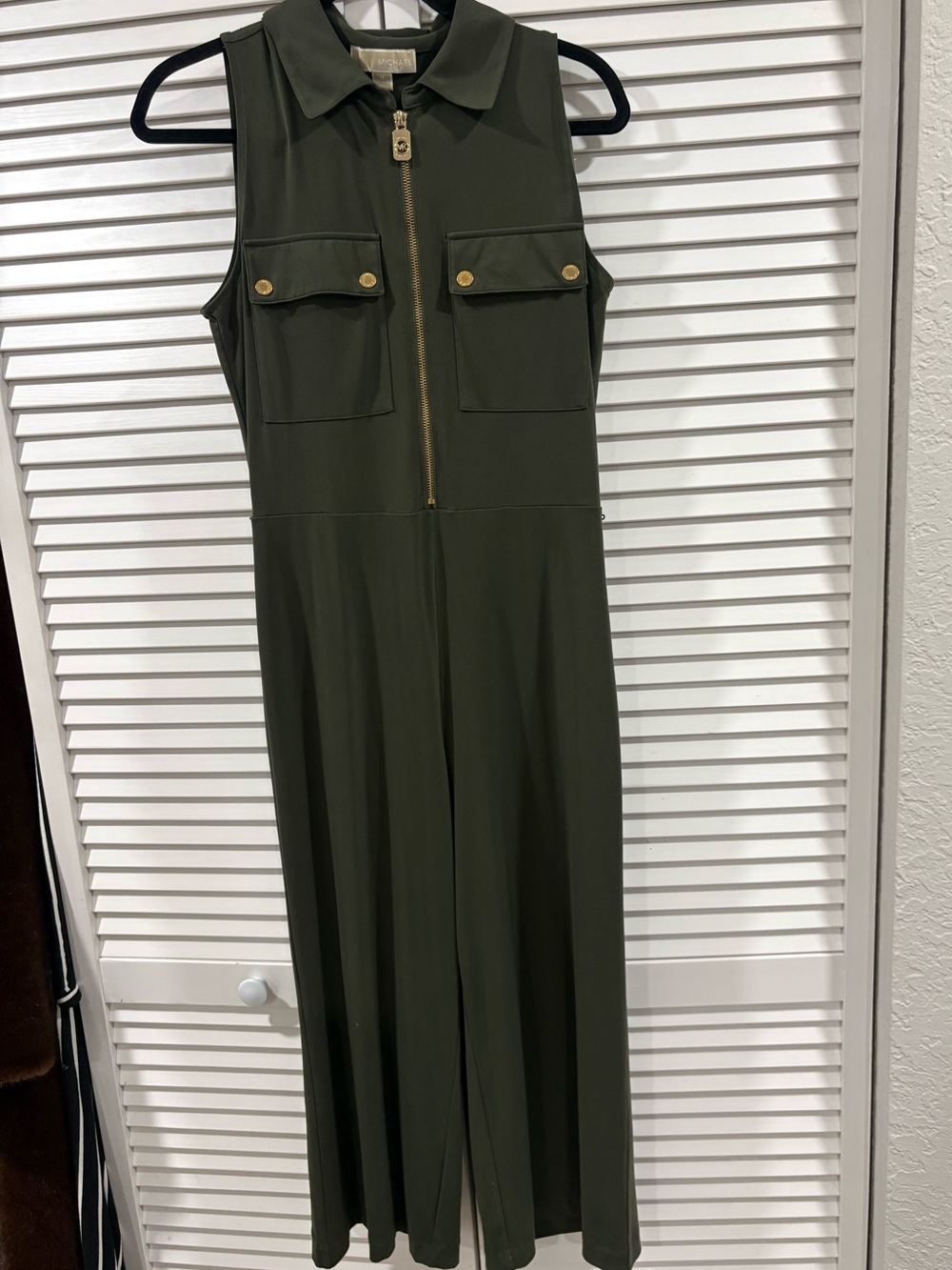 Michael Kors Olive Green Wide Leg Jumpsuit Women’s Medium Gold Zip Sleeveless